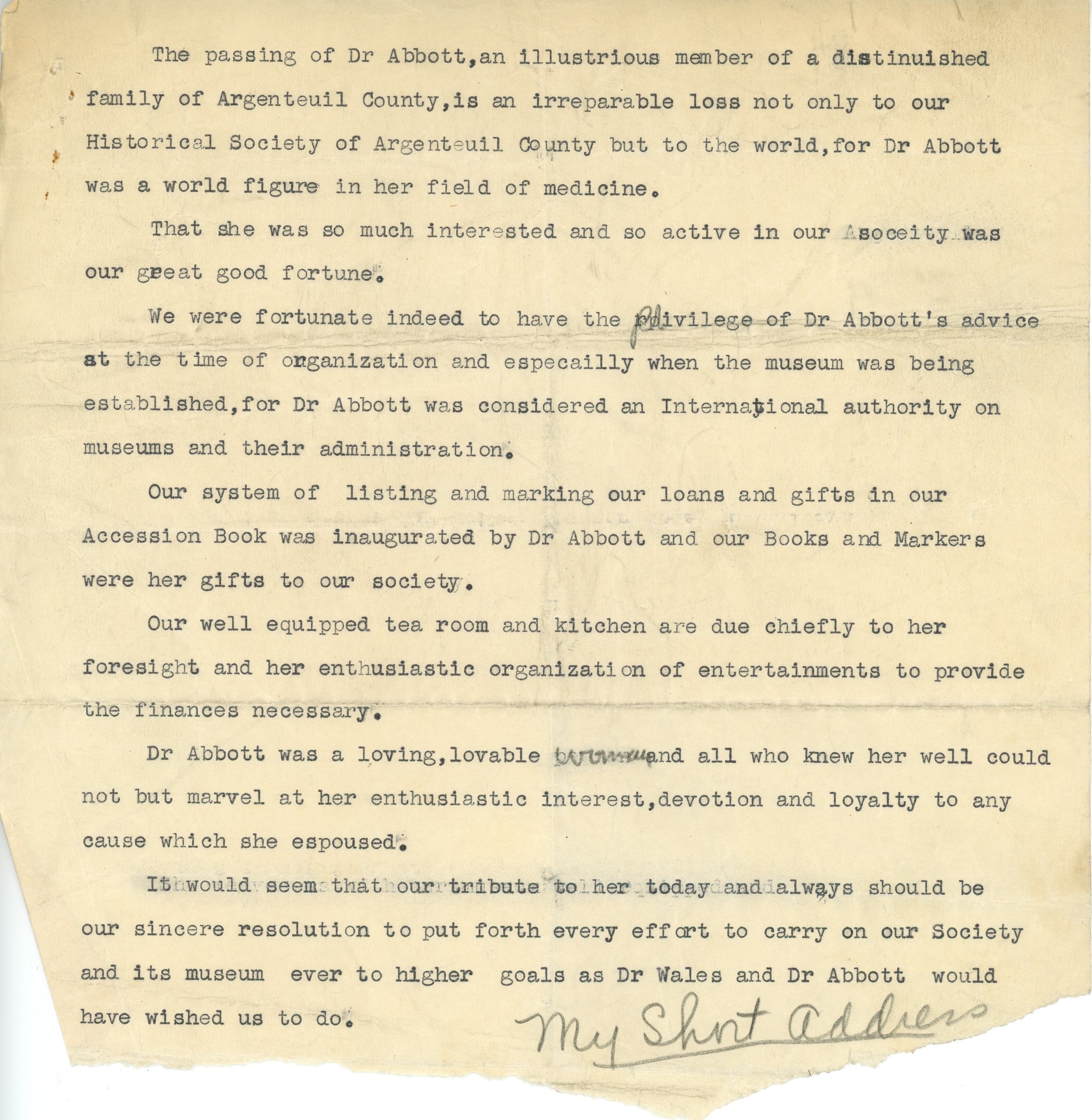 Typewritten note by Dr. Cushing, black ink on sepia paper, 1940. Following Maude Abbott’s death, he paid tribute to her and listed her contributions to the Historical Society of Argenteuil County: her active interest, advice, artifact identification system, the tea room and kitchen.