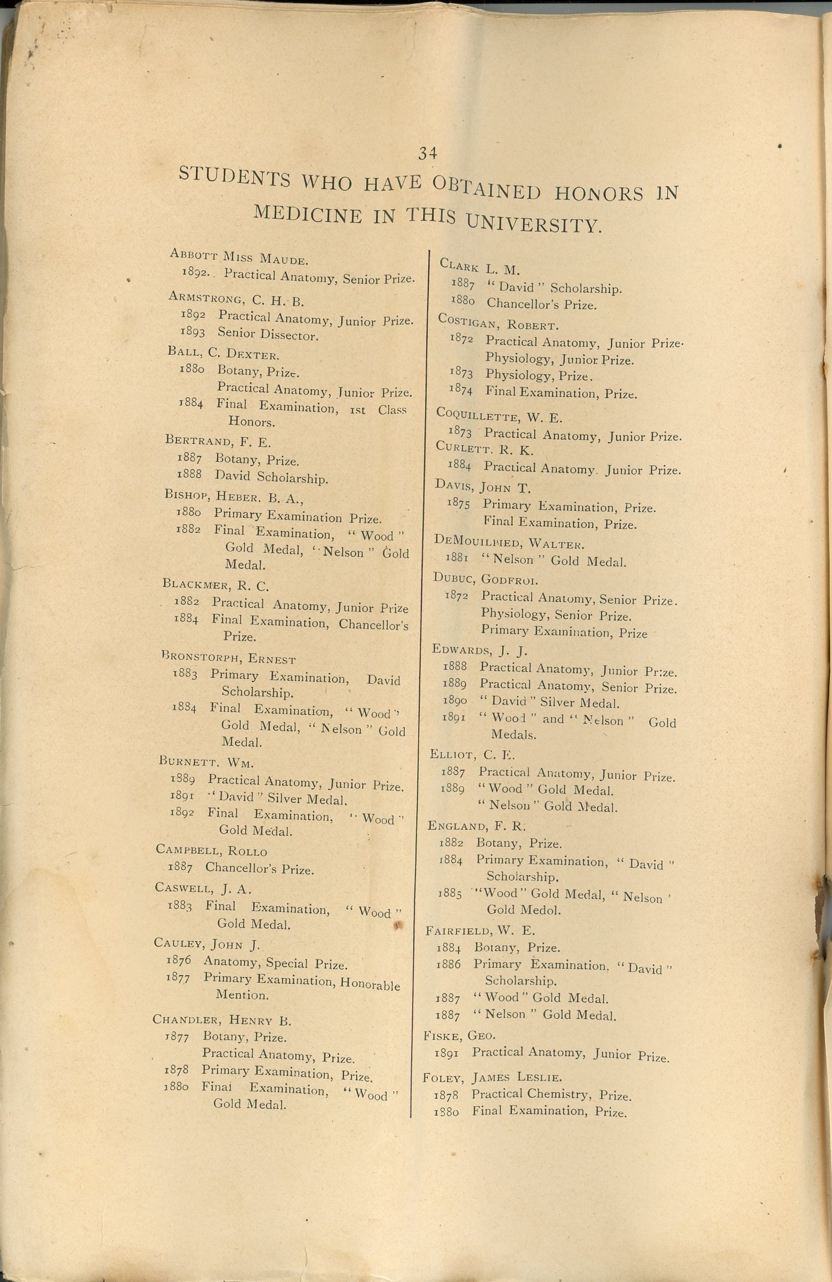 Page 34 of the University of Bishop’s Collage booklet, sepia. This page presents a list of students having obtained honours in medicine at Bishop’s. The top of the page reads: “Students who have obtained Honors in Medicine in this University”. The list of students is in two columns, and the first name is “ABBOTT, Miss Maude – 1892. Practical Anatomy, Senior Prize.”