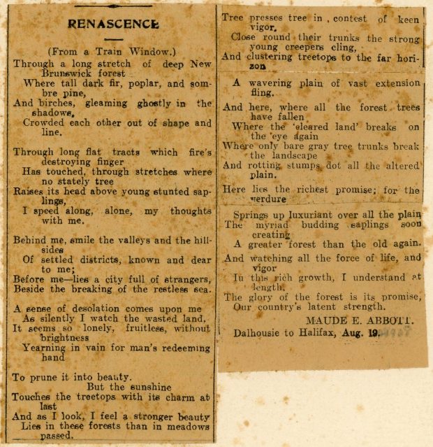 Clipping of a poem written by Maude Abbott, black ink on sepia paper, published in the women’s edition of the Montreal Daily Witness.