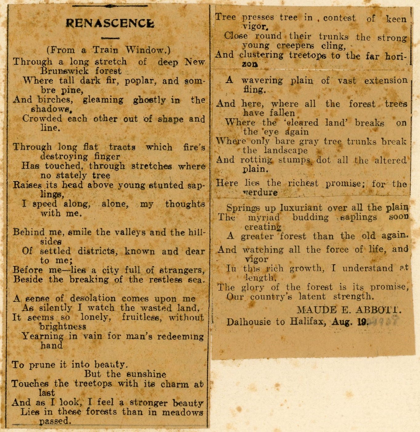 Clipping of a poem written by Maude Abbott, black ink on sepia paper, published in the women’s edition of the Montreal Daily Witness.