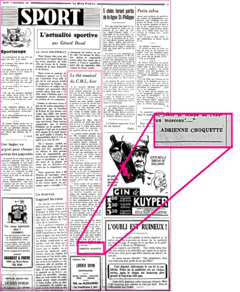 Black and white image of the sports page from the November 15, 1934, edition of Le Bien Public. A pink-framed text box on the right contains an enlarged view of the byline for Adrienne Choquette, as it appears at the bottom of one of the articles.