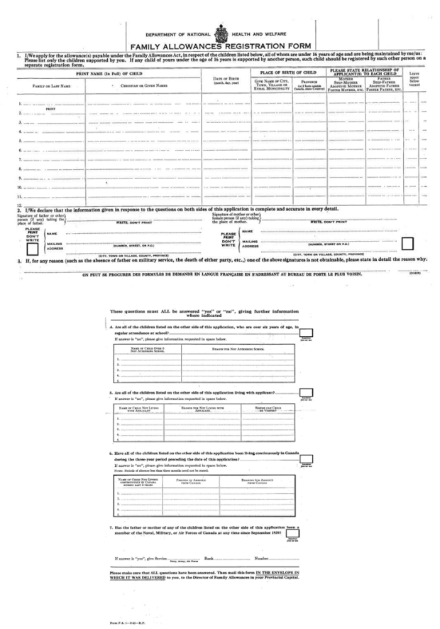 Two pages of a Family Allowance application form. The form is in English.