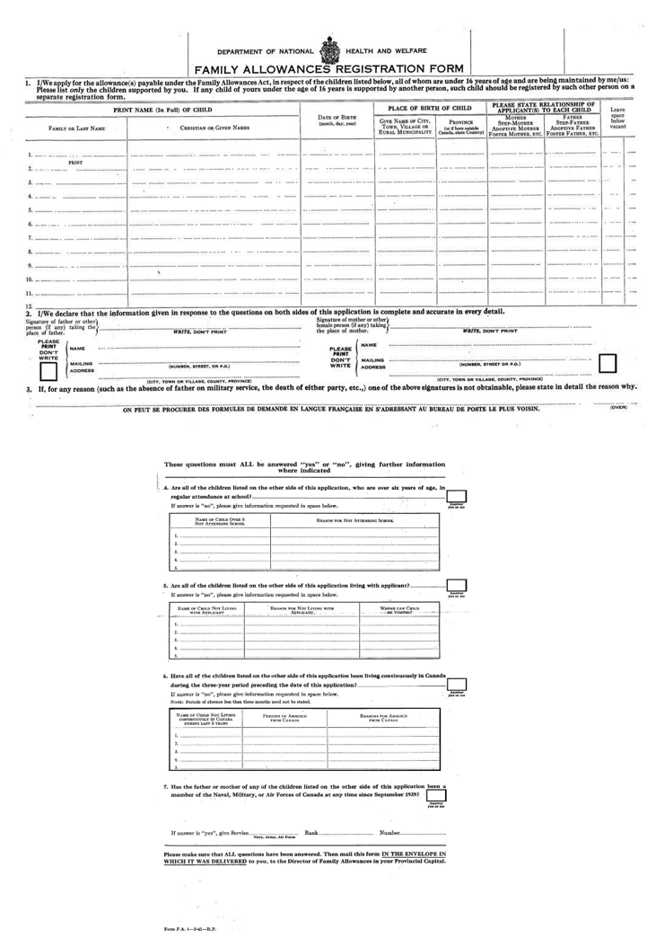 Two pages of a Family Allowance application form. The form is in English.