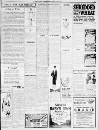 Black and white photograph of the women’s page in the April 7, 1928, edition of Le Nouvelliste. The right-hand columns contain advertisements and the left-hand columns contain articles.