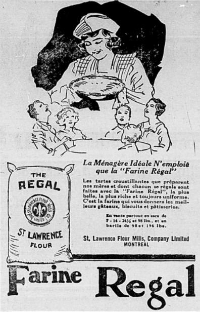 Image of a woman holding a pie above five people sitting around a table. Below the illustration, there is an advertisement titled: “The Best Homemakers Only Use ‘Regal Flour’.” At the very bottom, “Regal Flour” appears in large print below the image of a bag of flour.