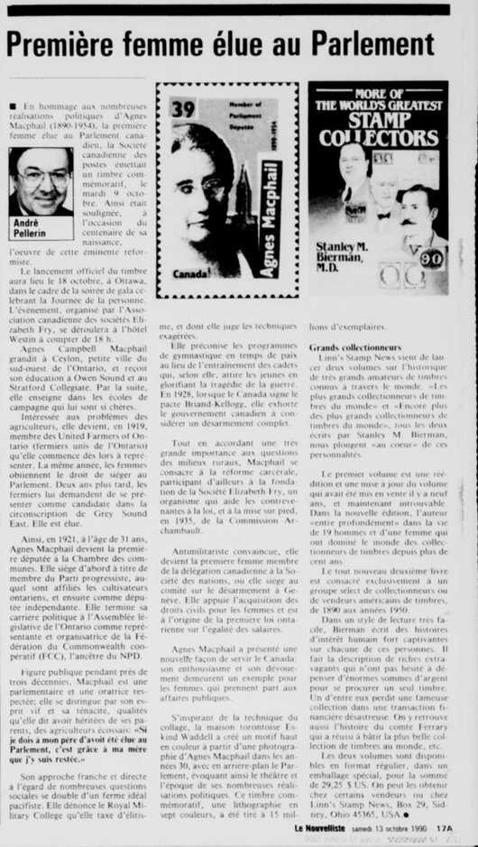 Article from the October 13, 1990, edition of Le Nouvelliste. The text discusses the life of Agnes Campbell Macphail. The headline reads: “First Woman Elected to Parliament.”