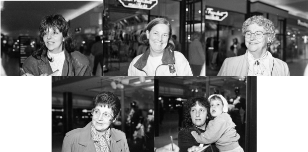 Series of black and white photographs of women interviewed on the occasion of the 50th anniversary of women gaining the right to vote in Quebec provincial elections. The first row contains the photographs of three women. The second row contains the photographs of two women, including one with a child in her arms.
