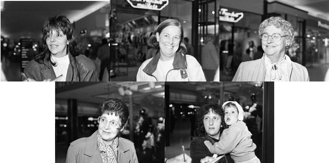 Series of black and white photographs of women interviewed on the occasion of the 50th anniversary of women gaining the right to vote in Quebec provincial elections. The first row contains the photographs of three women. The second row contains the photographs of two women, including one with a child in her arms.