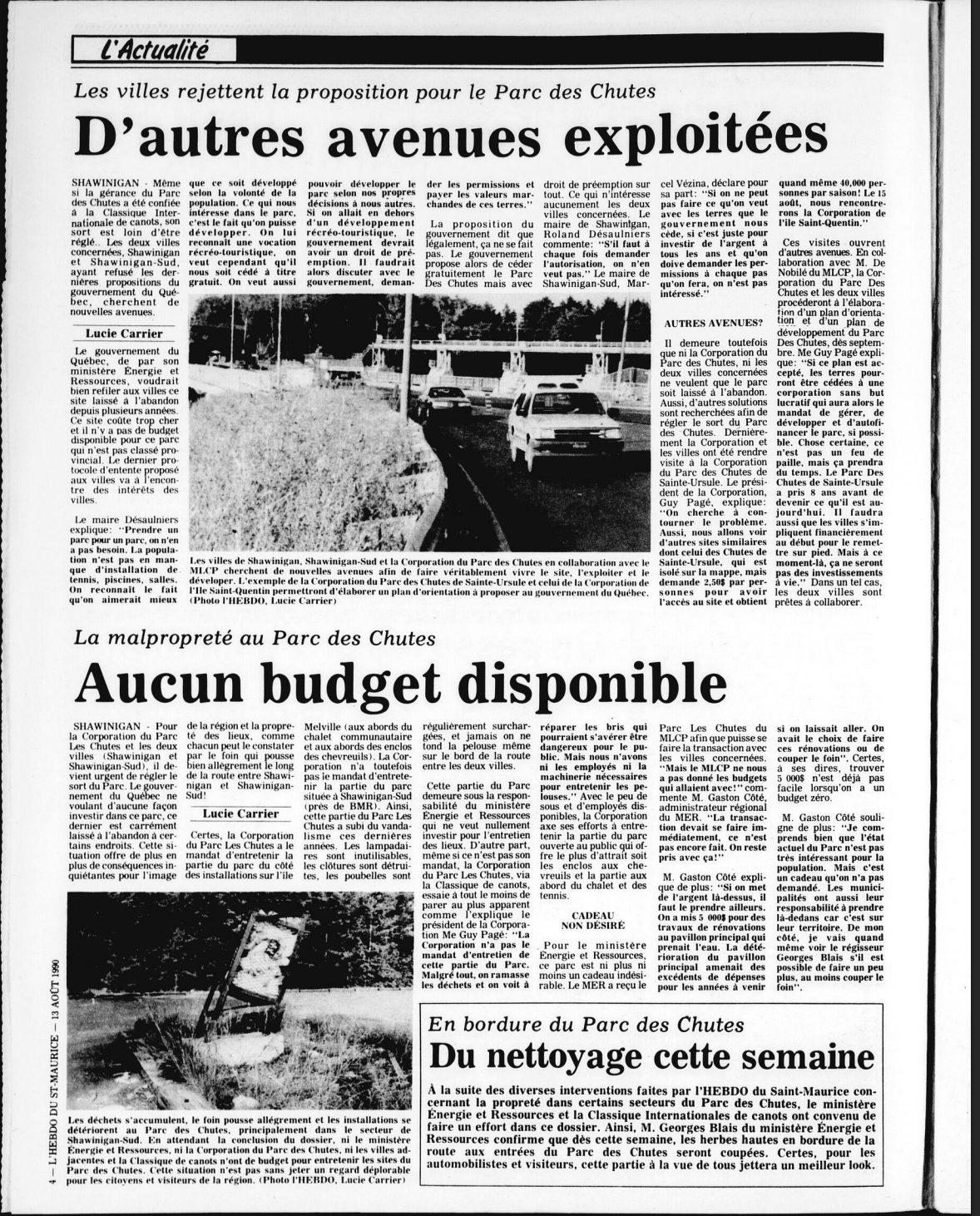 Page 4 of the August 13, 1990, edition of L’Hebdo du Saint-Maurice. It includes two articles by Lucie Carrier related to the Parc des Chutes in Shawinigan.