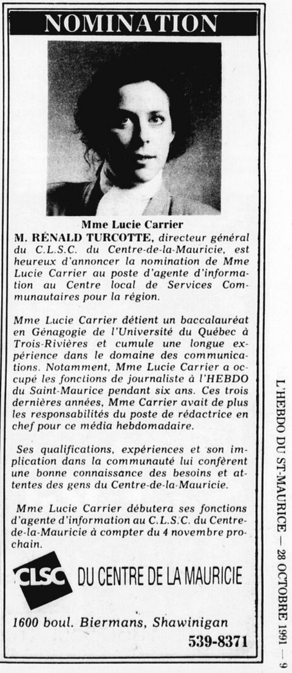Article from the October 28, 1991, edition of L’Hebdo du Saint-Maurice. It announces Lucie Carrier’s departure from the newspaper and her appointment to a new position.