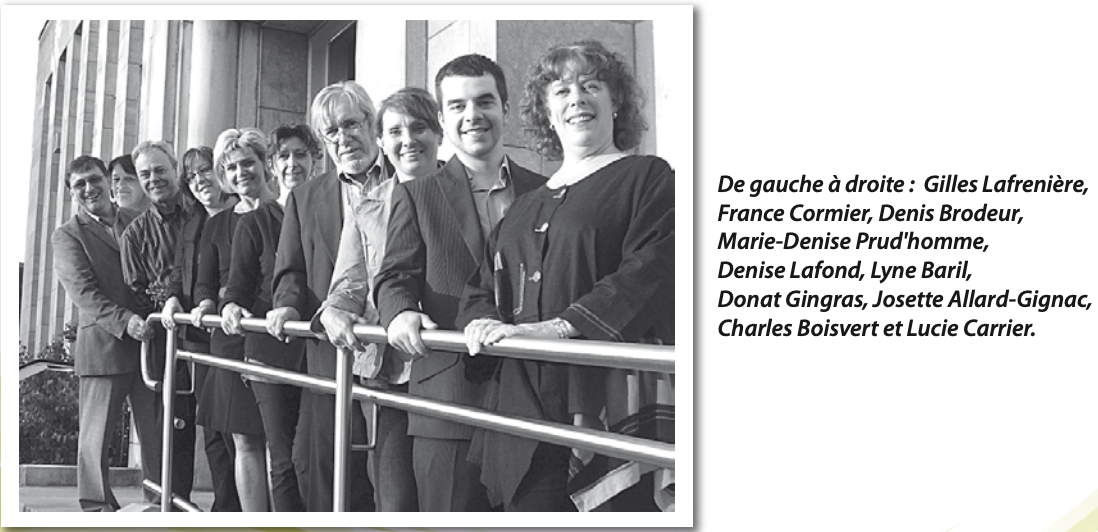 Black and white photograph showing a group of 10 people, four men and six women. They have their hands on a railing outside Shawinigan City Hall.