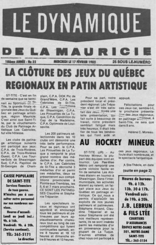 Clipping from Le Dynamique, a local newspaper in Sainte-Tite. The article was written by a woman, Hélène C. Moreau.