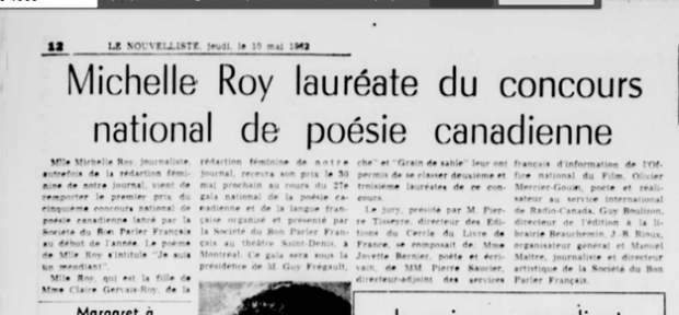 Black and white photograph of an article published in Le Nouvelliste on May 10, 1962. The headline reads: “Michelle Roy Wins Pan-Canadian Poetry Contest.”
