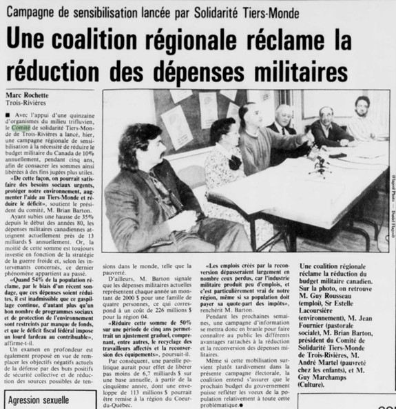 Clipping from Le Nouvelliste with an article by Marc Rochette on the Comité de solidarité Tiers-Monde de Trois-Rivières.