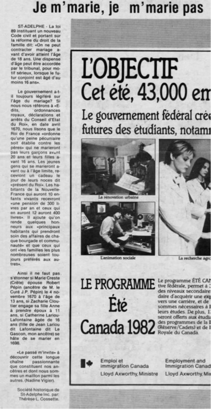 Clipping from Le Dynamique with an article by Thérèse L. Cossette. The text discusses the historical background to new legislation prohibiting marriages involving individuals under the age of 18, except in specific circumstances.