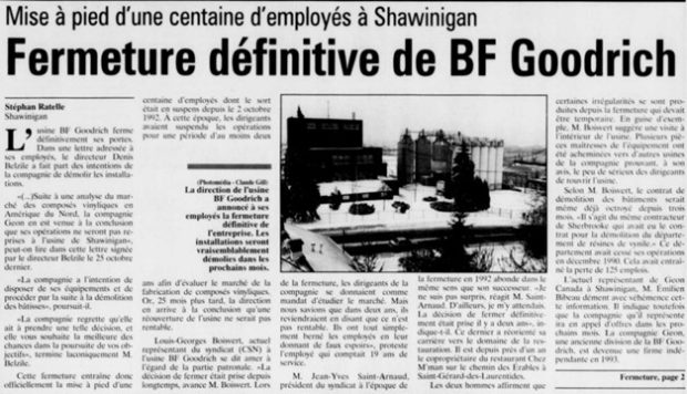 Clipping from Le Nouvelliste with an article by Stéphan Ratelle on the permanent shutdown of the BF Goodrich plant in Shawinigan.