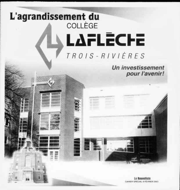 Black and white image of the front page of a special issue of Le Nouvelliste published on February 8, 2003. The banner headline reads: “Expansion of Collège Laflèche Trois-Rivières: An Investment in the Future!”