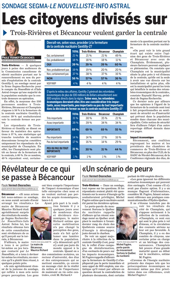Image of pages 2 and 3 from the April 11, 2011, edition of Le Nouvelliste. The pages contain a total of 10 articles. The banner headline reads: “Residents Divided Over the Future of Gentilly-2.”