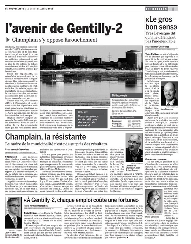 There are two articles at the bottom of the first page. The one on the left is titled “A Clue to What’s Happening in Bécancour” and the one on the right is titled “A Worst-Case Scenario.” The articles on the second page are titled “Resistance in Champlain” (middle) and “At Gentilly-2, Each Job Costs a Fortune” (bottom). The article in the right-hand column is titled “A Bit of Common Sense.”