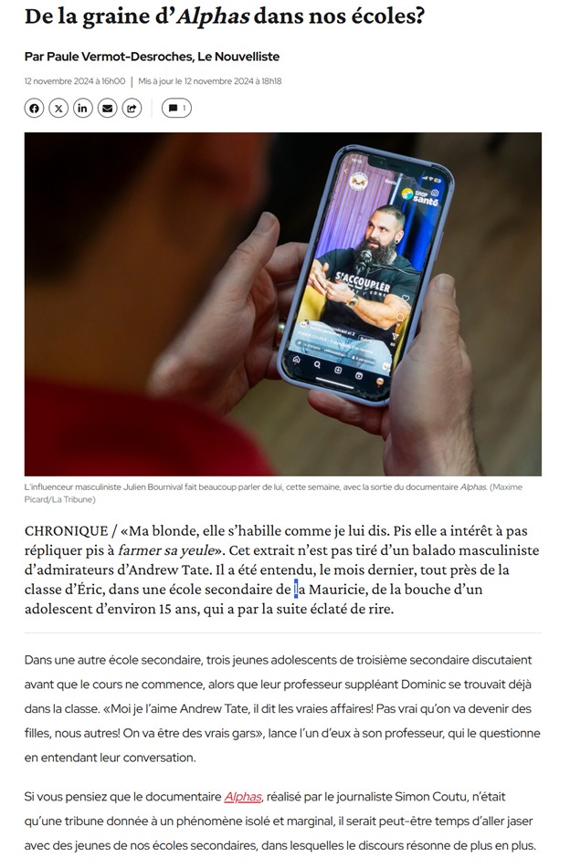 Image of an article published in the November 12, 2024, edition of Le Nouvelliste. Titled “Budding Alpha Males in Our Schools,” the article is accompanied by a photograph of a young boy holding a smartphone. A video of a man talking is playing on the phone.