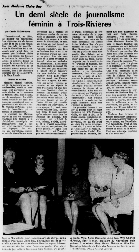 Clipping from Le Nouvelliste with an article on a lecture given by Claire Roy on women in journalism.