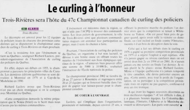 Article from Le Nouvelliste, titled “Curling Takes Centre Stage: Trois-Rivières to Host the 47th Annual Canadian Police Curling Championship.”