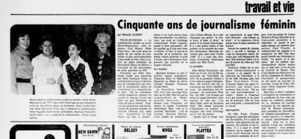 Clipping from Le Nouvelliste related to a lecture given by Claire Roy on women in print media.