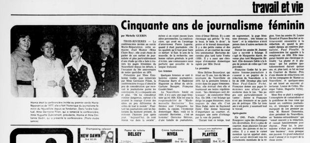 Clipping from Le Nouvelliste related to a lecture given by Claire Roy on women in print media.