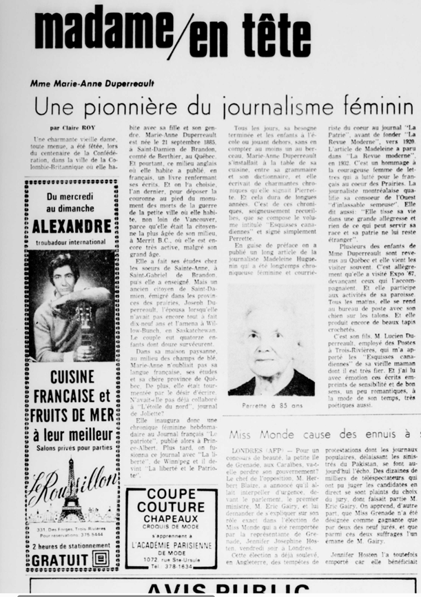 Clipping from Le Nouvelliste with an article by Claire Roy on Marie-Anne Duperreault, a pioneering woman journalist. The article is accompanied by a photograph of Duperreault.