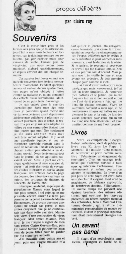 Clipping from Le Nouvelliste, with an article by Claire Roy announcing her departure from the newspaper and retirement from journalism. She had decided to focus on her personal life and her health struggles.
