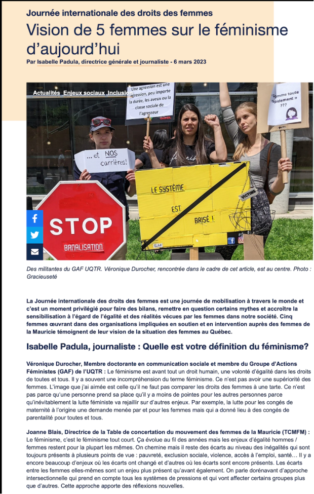 Clipping from La Gazette with an article titled “Five Women’s Perspectives on Feminism Today.” The text is accompanied by a photograph of three protesters holding signs.