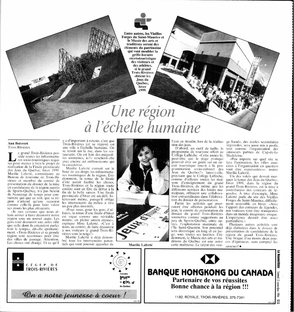 Clipping from Le Nouvelliste with an article by Ann Robert on the Quebec Games.