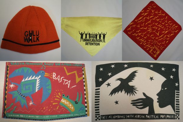 Eine Collage aus Kleidung mit verschiedenen aktivistischen Botschaften.