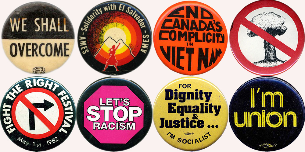 Eine Collage aus acht Knöpfen.