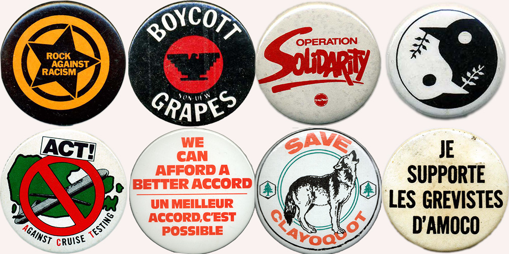 Eine Collage aus acht Knöpfen.