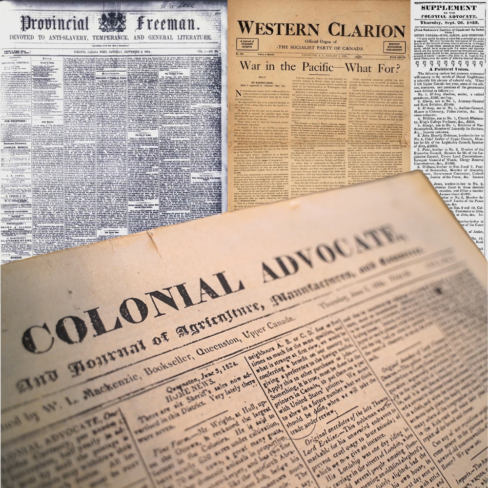 A collage of four overlapping front pages of radical newspapers: the Western Clarion, the Provincial Freeman and two pages from the Colonial Advocate.