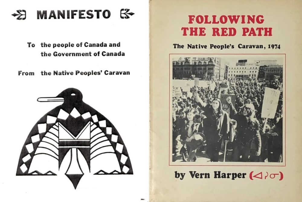 Das Bild links ist das Cover des „Manifesto of Native Peoples' Caravan“ (Manifest der Karawane der einheimischen Völker), adressiert an die Menschen Kanadas und an die Regierung von Kanada. Das Bild rechts ist das Cover von Vern Harpers Buch „Following the Red Path: The Native People's Caravan“ (Dem roten Pfad folgen: Die Karawane der einheimischen Völker), 1974.