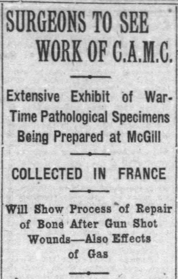 Black and white newspaper clipping in English advertising an exhibit of War-Time Pathological Specimens Being Prepared at McGill