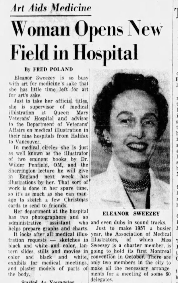 Black and white newspaper article in English titled, Art Aids Medicine, Woman Opens New Field in Hospital. Contains a portrait of Eleanor Sweezey in a lab coat.