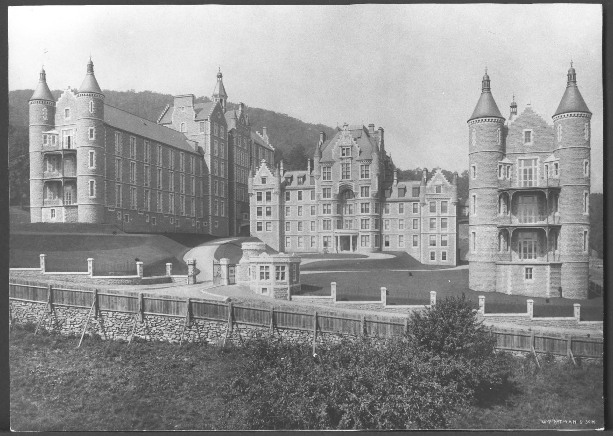 Black and white photograph of a Scottish neo-baronial style hospital building.