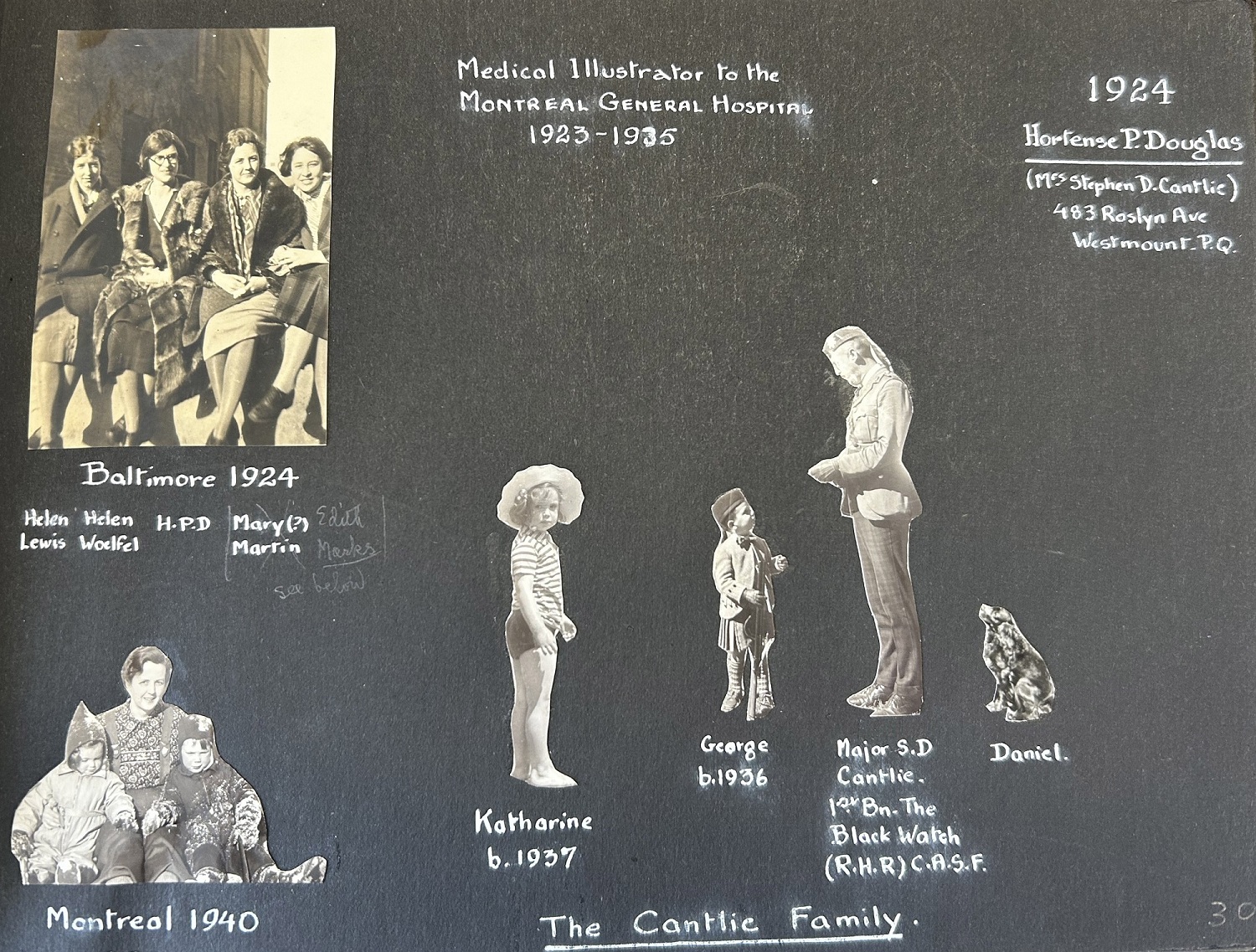 A black photo album page with handwritten notes in white ink and cut out black and white and sepia-toned images of children, students, animals and families.