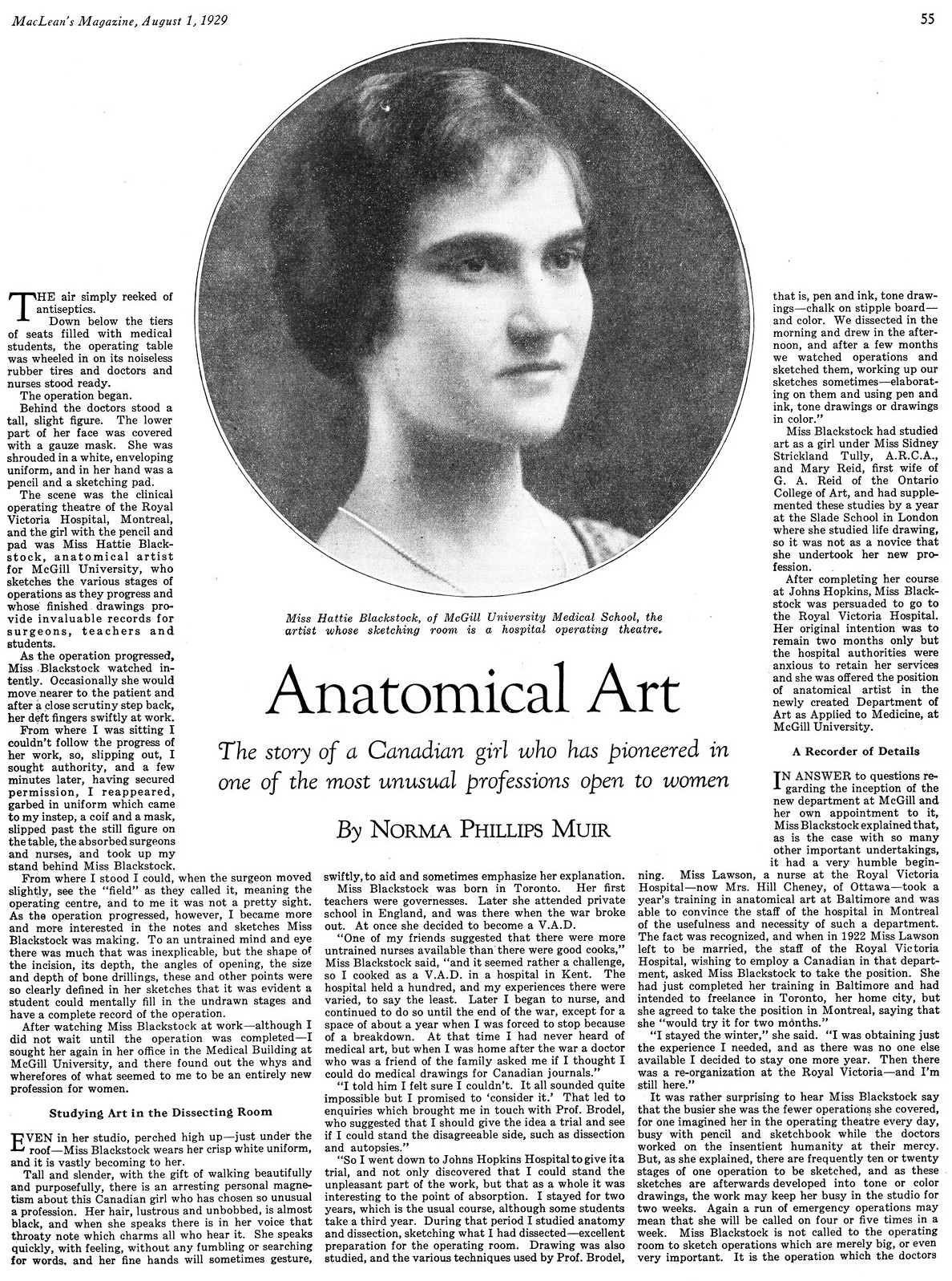 Black and white magazine article page with a circular portrait of a woman top centre of the page.