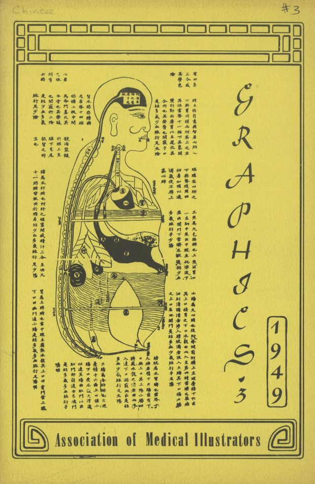 Colour journal cover titled, Graphics, 1949, Association of Medical Illustrators. In the centre an Asian medical illustration surrounded by Chinese script.