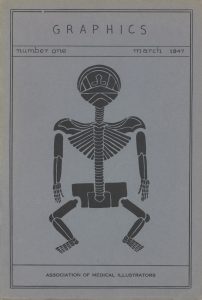 Couverture d'une revue en couleurs intitulée Graphics, 1949, Association of Medical Illustrators. Au centre, l'illustration d'un squelette.
