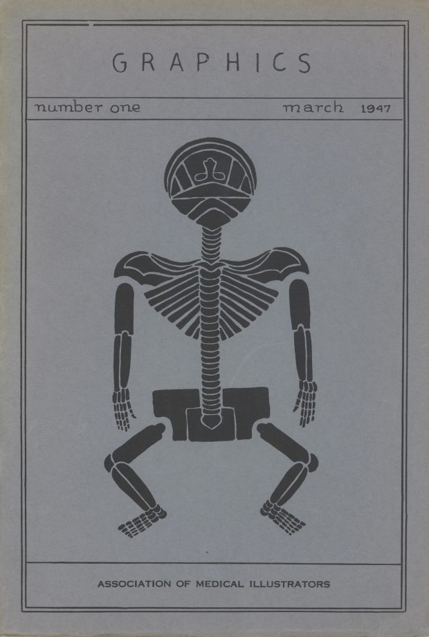 Colour journal cover titled, Graphics, Number one, March 1947, Association of Medical Illustrators. In the centre is an illustration of a skeleton.