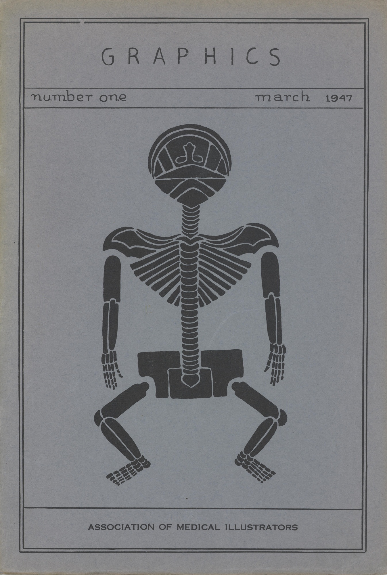 Colour journal cover titled, "Graphics, Number one, March 1947, Association of Medical Illustrators". In the centre is an illustration of a skeleton.