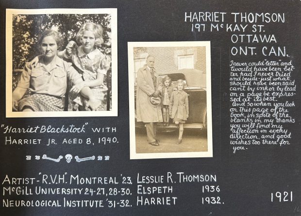 A black photo album page with handwritten notes in white ink and two sepia-toned images of young children posing with their parents.