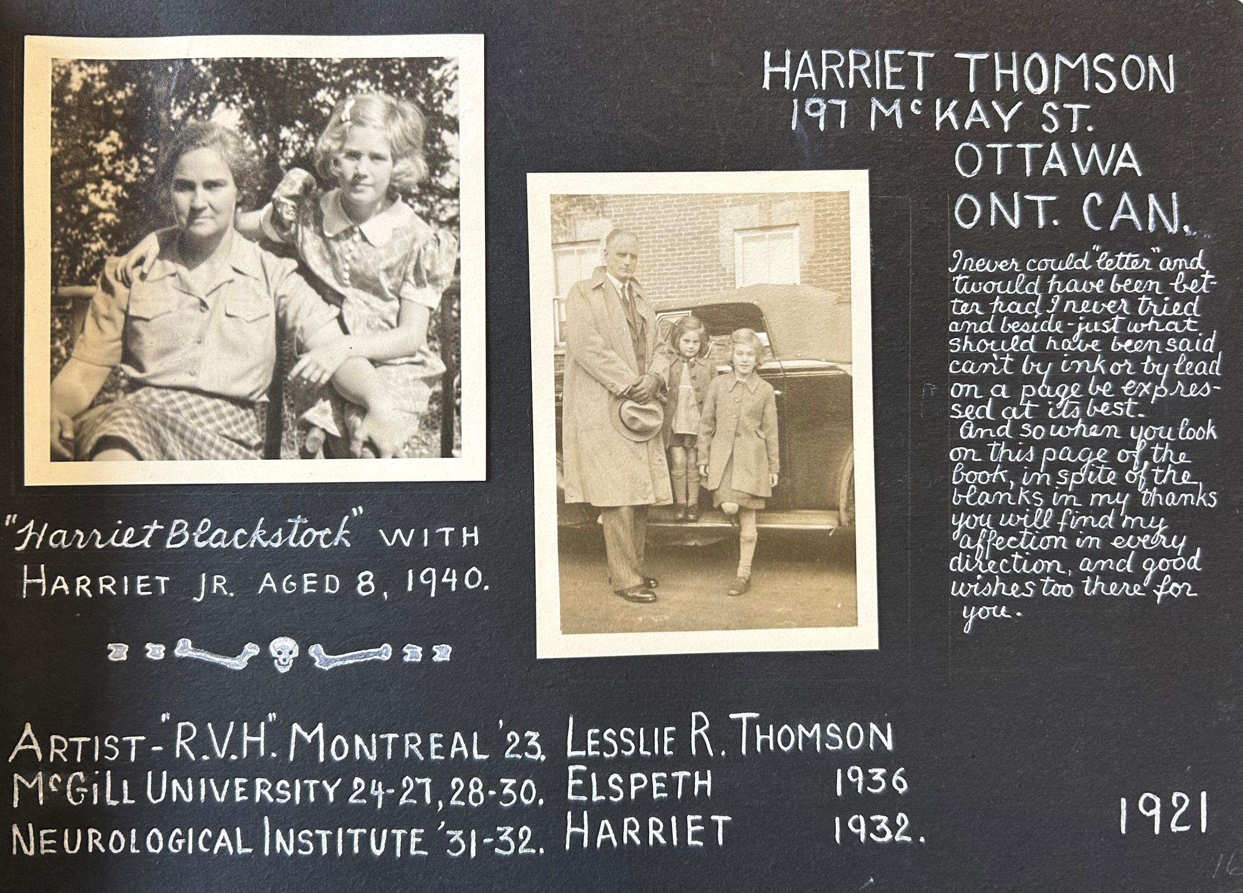 A black photo album page with handwritten notes in white ink and two sepia-toned images of young children posing with their parents.