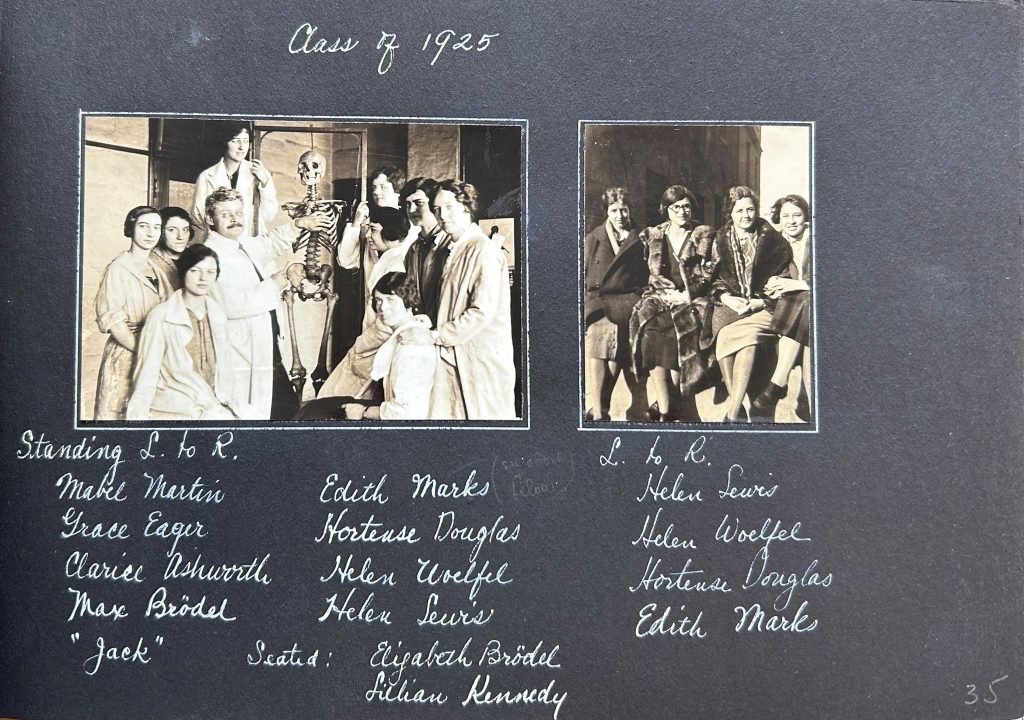 A black photo album page with handwritten notes in white ink and two sepia-toned images. Left image shows students posing with a skeleton in labcoats, right image shows four women in winter coats seated side by side.