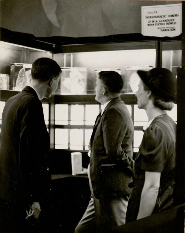Black and white photo of three people looking at shelves containing pathological specimens in jars.